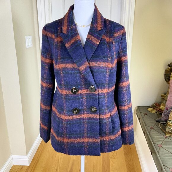 Cabi Coat Plaid Navy Orange Multi Double Breasted Pockets (M) - Picture 1 of 8